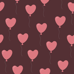 Seamless pattern with pink heart shaped balloons on burgundy background. Hand drawn doodle style