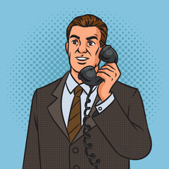 Naklejka premium Businessman speaks on old phone pinup pop art retro raster illustration. Comic book style imitation.