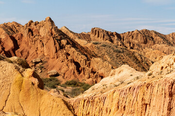Fairytale canyon or Skazka Canyon, Natural park of colorful rocks near Issyk-Kul lake, Kyrgyzstan.