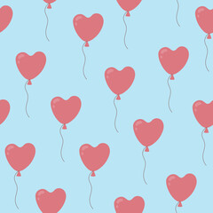 Fototapeta na wymiar Seamless pattern with pink heart shaped balloons on blue background. Hand drawn doodle style
