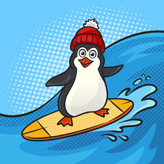 penguin on surfboard rides on sea wave pinup pop art retro raster illustration. Comic book style imitation.