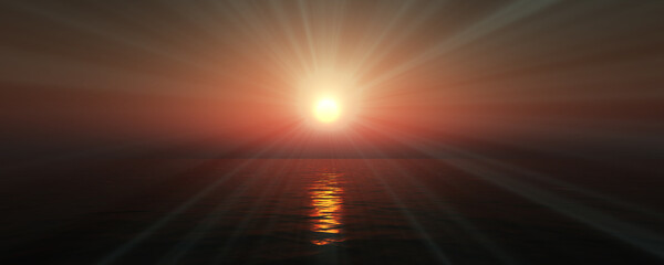 Obraz premium sunset sea sun ray clear sky. 3d rendering
