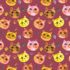 Cats on a pink background. Cute Cat muzzle. Watercolour hand drawn illustration. For fabric, sketchbook, wallpaper, wrapping paper.