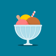 illustration of an ice cream in the glass bowl with flat illustration style.