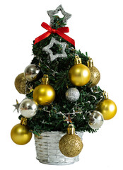 Small decorative Christmas tree with gold and silver balls, isolated.