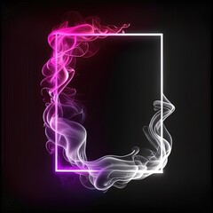 Abstract 3D frame with puffs of colorful smoke and neon light on a black background. Ai generated.