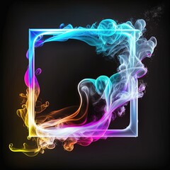 Abstract 3D frame with puffs of colorful smoke and neon light on a black background. Ai generated.