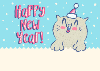 Vector illustration of a cute cat for New year in hand drawing kawaii style. Cat in Santa hat and snowflakes.