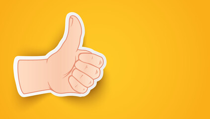Vector background with icon of like hand. Vector illustration of like on yellow background. Sticker of thumb up.