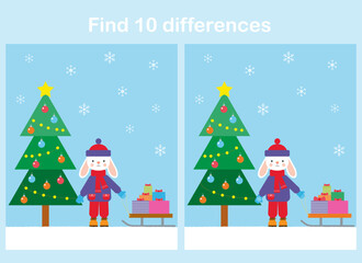Educational game for kids. Find 10 differences in the pictures. Cute rabbit and Christmas tree.