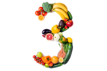 Number 3 made of healthy food. Healthy eating of vegetables, fruits and fish on white background. Food number 3 three isolated on white. Healthy food, balanced, food trends, sustainable concept