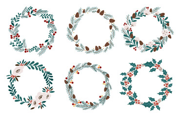 Merry Christmas concept. Set of wreaths made with pines, flowers and berries. Festive winter time, sale, greeting card.