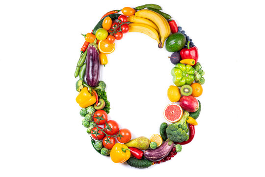 Number 0 made of healthy food. Healthy eating of vegetables and fruits on white background. Food number 0 zero isolated on white. Healthy food, balanced, food trends, sustainable concept