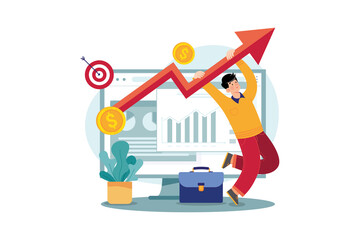 Man hangs on the rising arrow