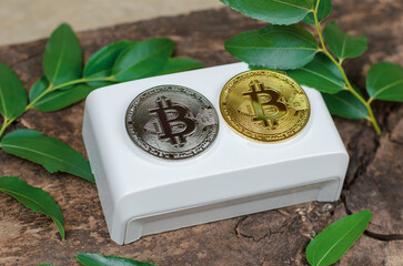 Bitcoin lies on an electrical outlet against the background of green leaves. Cryptocurrency and green energy