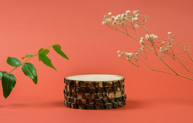 Natural wooden frame podiums for the presentation of cosmetic products, mockup. Wooden podiums for the presentation of natural cosmetics framed by green leaves.