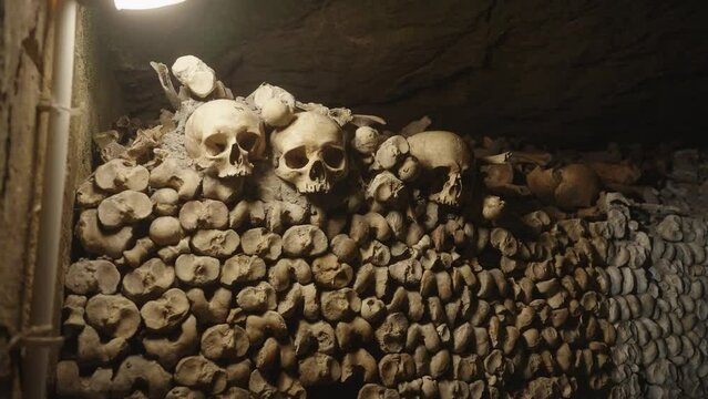Human bones in Paris Catacombs (4k 30p Slow Motion)