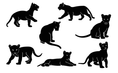 Set of stylized silhouettes of different poses baby tigers. Isolated on white background. Tiger logo designs set. Symbol, Vector.