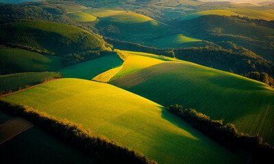 Green and yellow nature landscape backdrop with an aerial view of a Pastoral green field, Generative AI