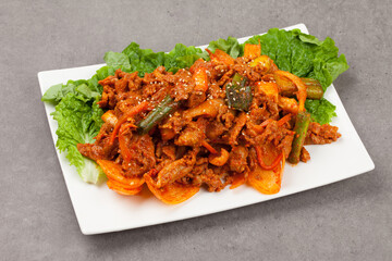 stir-fried spicy pork, food, korean food, pork, cooking, meat, vegetables, meals, green onions, 