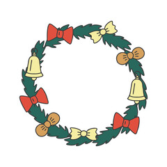 Christmas wreath with bow, bell, pine and fir branches, hand drawn doodle. Xmas and happy new year decorative postcard. Vector illustration