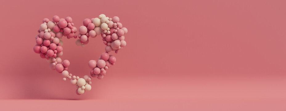 Multicolored Balloon Love Heart. Pink and Cream Balloons arranged in a heart shape. 3D Render with copy-space. 
