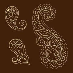 Set of Mehndi flower pattern for Henna drawing and tattoo. Decoration in ethnic oriental, Indian style. Doodle ornament. Outline hand draw vector illustration.