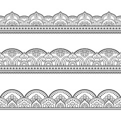 Set of Seamless borders pattern for Mehndi, Henna drawing and tattoo. Decoration in ethnic oriental, Indian style. Doodle ornament. Outline hand draw vector illustration.