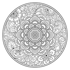 Outline round flower pattern in mehndi style for coloring book page. Antistress for adults and children. Doodle ornament in black and white. Hand draw vector illustration.
