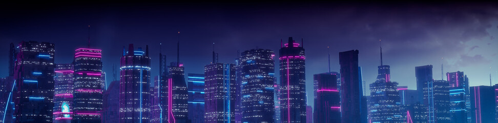 Futuristic City Skyline with Blue and Pink Neon lights. Night scene with Futuristic Architecture.