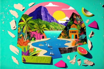 Tropical Mediterranean paradise paper cutout collage of cool summer sunshine vibes - exotic travel destination and relaxing holiday hotel theme. Vibrant colorful flowers, ocean waves and palm trees. 