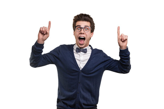 Excited male student pointing up
