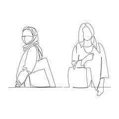 vector illustration of a woman with a bag drawn in line-art style