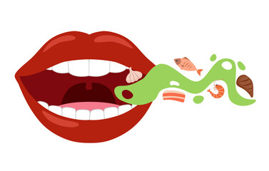Obraz premium Woman with bad breath in flat design on white background. Smelly mouth with food vector illustration.