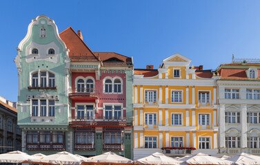 Fototapeta premium Bruck House is architectural jewel of Timisoara, built in Art Nouveau and Secession styles, with Hungarian folk motifs erected in 1910 with ground floor pharmacy that is still working today, Romania