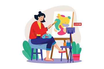 Fototapeta premium Female Blogger Draws A Picture On Canvas
