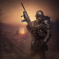 Artwork of military man dressed in ragged armor holding shotgun on railway.