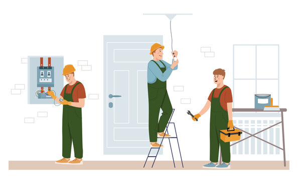 Home craftsmen and repairmen. Renovation workers in uniform, electricians doing apartment repair, professional decorating service. Connecting power. Vector cartoon flat concept