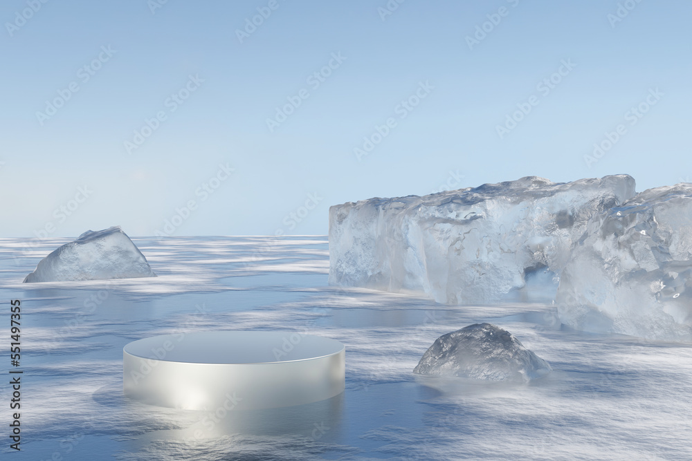 Wall mural 3d render platform and ice podium background on snow ground with ice rock and stone in winter for pr