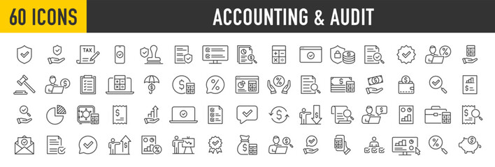 Set of 60 Accounting and audit web icons in line style. Assessment, calculator, check mark, auditing, inspection, investment, calculation, analytics, collection. Vector illustration.