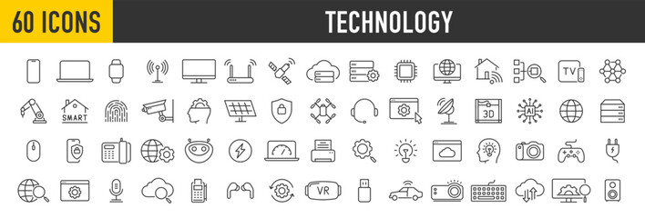 Set of 60 Technology web icons in line style. Computing, social network, management, internet, network, programming, Internet connection collection. Vector illustration.