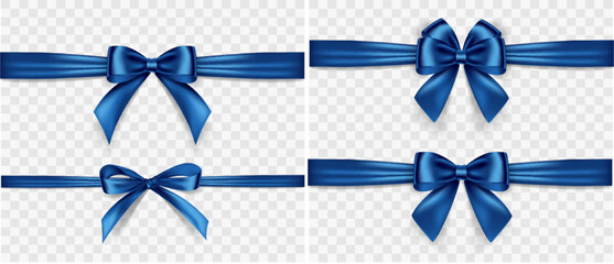 Set of satin decorative blue bows with horizontal ribbon isolated on white background. Vector blue bow and ribbon - 551497352