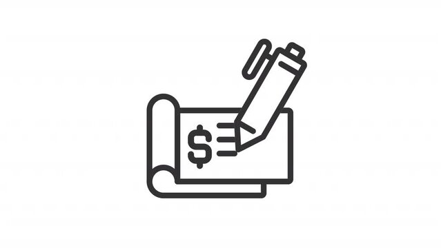 Animated check signing linear icon. Money payment with bill. Financial operation. Seamless loop HD video with alpha channel on transparent background. Outline motion graphic animation