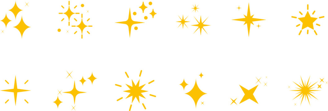 Set of sparkles star icons.Star png.Christmas star icon.Bright firework.Light icon set.Flash,shine sparkle icon,glare,blink star.Golden and yellow star icons isolated on white background.