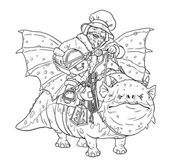 Funny dwarf with the treasure chest on the dragon. Coloring page with the magician. Coloring template with wizard.
