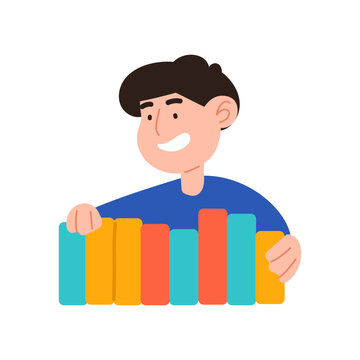 Boy with Infographical chart. Dagram, board, tables, columns, analytics, arrows, circles, statistics, tracking. Data analysis concept. Flat style. Boy in a blue tshirt on a white background