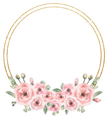 Watercolor pink flowers and greenery with golden wreath, delicate florals frame, peony arrangements, invitation card template