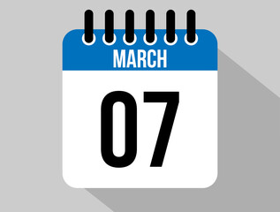 7 March calendar vector icon. Blue March date for the days of the month and the week on a light background