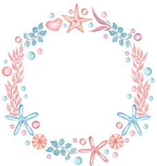 Watercolor sea objects wreath in pink and blue color, shell and corals, starfish and pearl, invitation card template