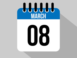 8 March calendar vector icon. Blue March date for the days of the month and the week on a light background